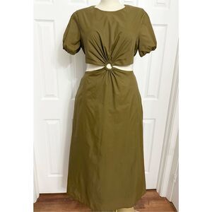 Staud Olive Green Calypso Cut Out Short Sleeve Midi Maxi A-Line Dress Size XL